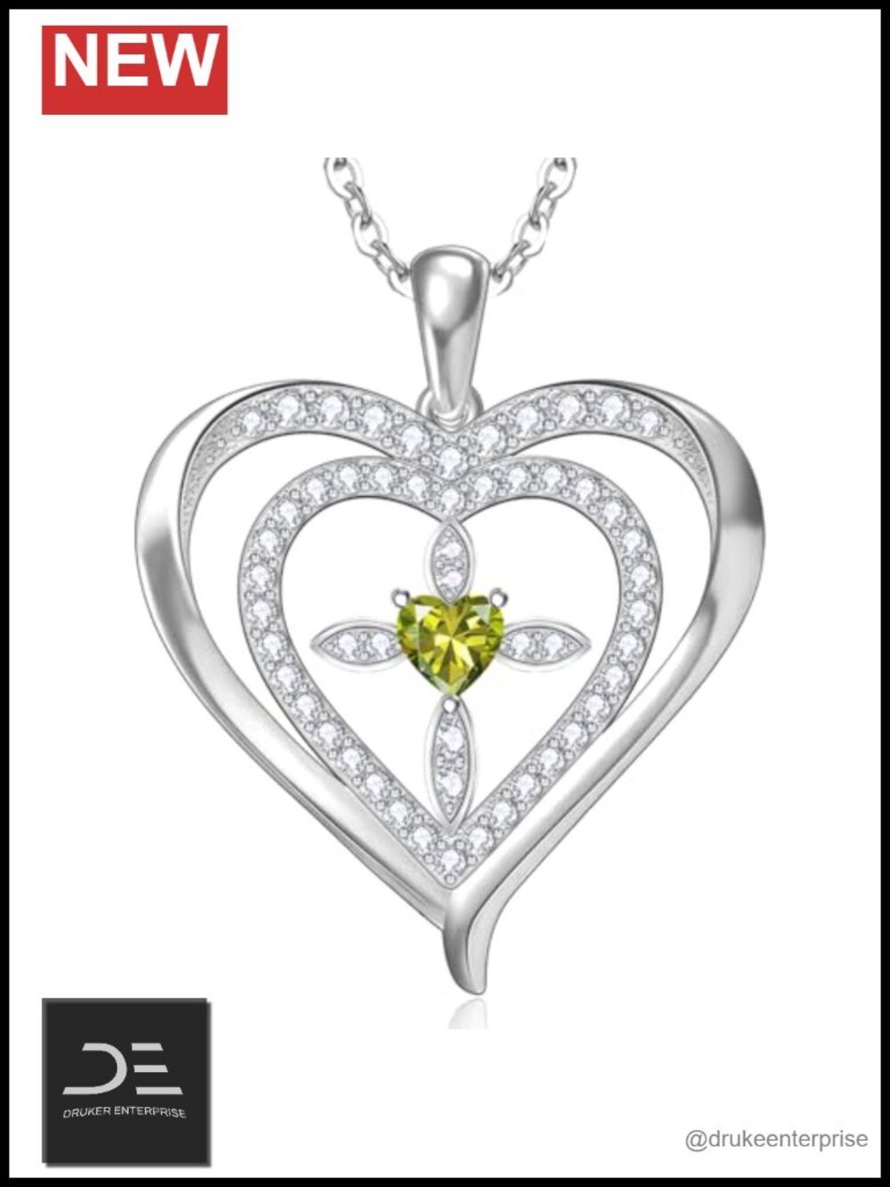 925 Sterling Silver Cross Birthstone Necklace, Heart Pendant, 17.9"+1.96"